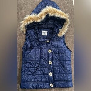Justice Navy Hooded Puffer Vest with Faux Fur Trim
